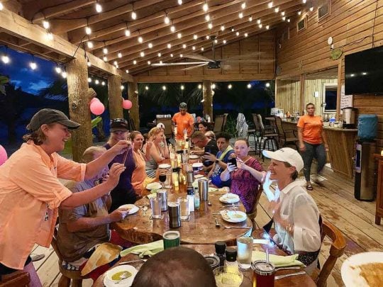 dive group enjoying dinner