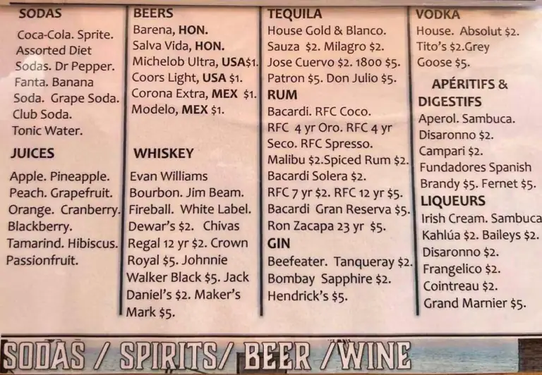 drinks and bar menu